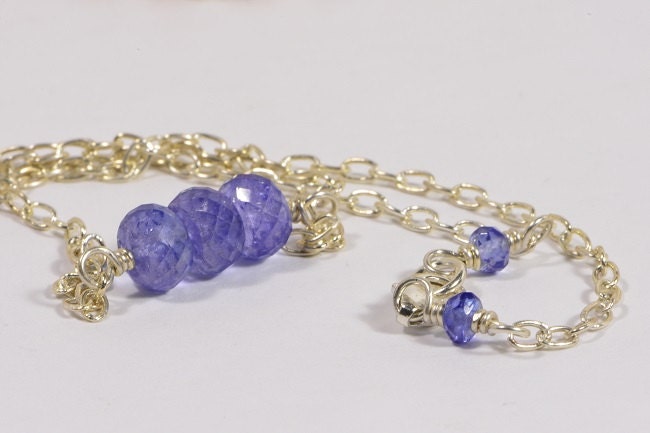 Three Stone Tanzanite Necklace, Sterling Silver Bar Pendant