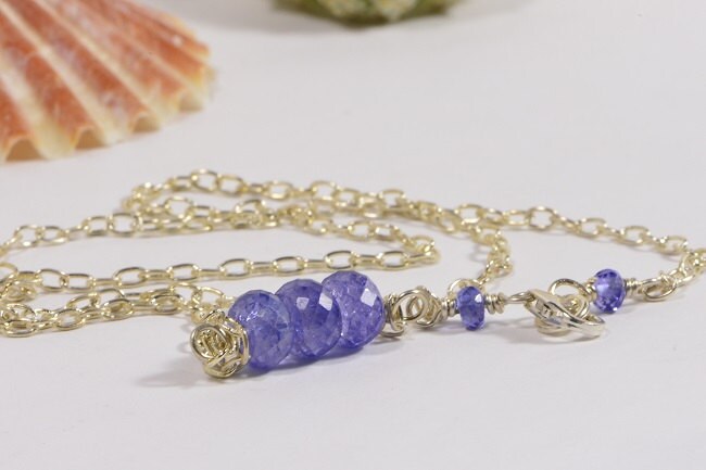 Three Stone Tanzanite Necklace, Sterling Silver Bar Pendant