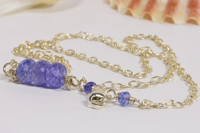 Three Stone Tanzanite Necklace, Sterling Silver Bar Pendant