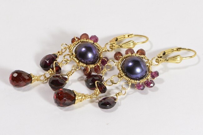 14K Gold Filled Black Pearl Garnet Dangle Earrings
