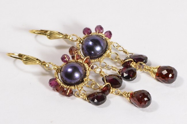 14K Gold Filled Black Pearl Garnet Dangle Earrings