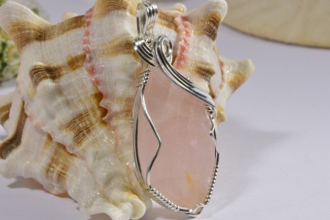 Rose Quartz Pendant Wire Wrapped Sterling Silver Pink Quartz Necklace Birthstone April