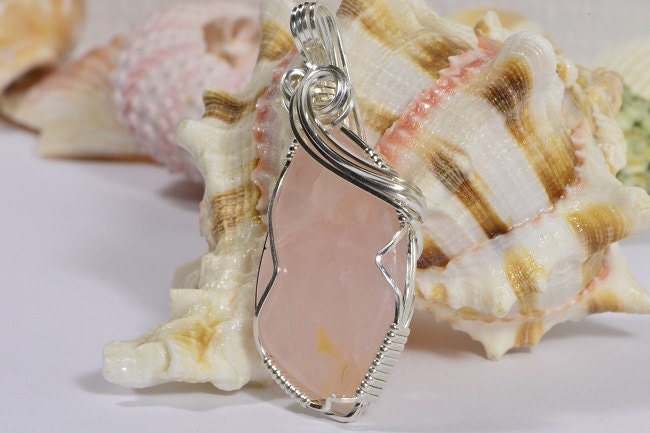Rose Quartz Pendant Wire Wrapped Sterling Silver Pink Quartz Necklace Birthstone April