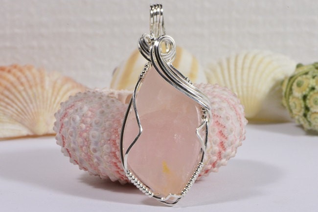 Rose Quartz Pendant Wire Wrapped Sterling Silver Pink Quartz Necklace Birthstone April