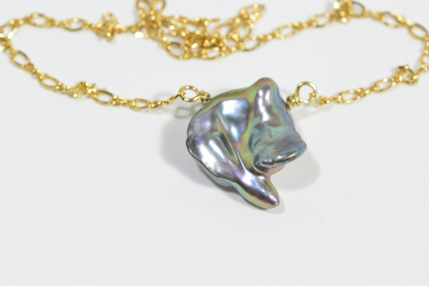 Irregular Pearl Necklace, 14k Gold Filled Chain, Peacock Luster