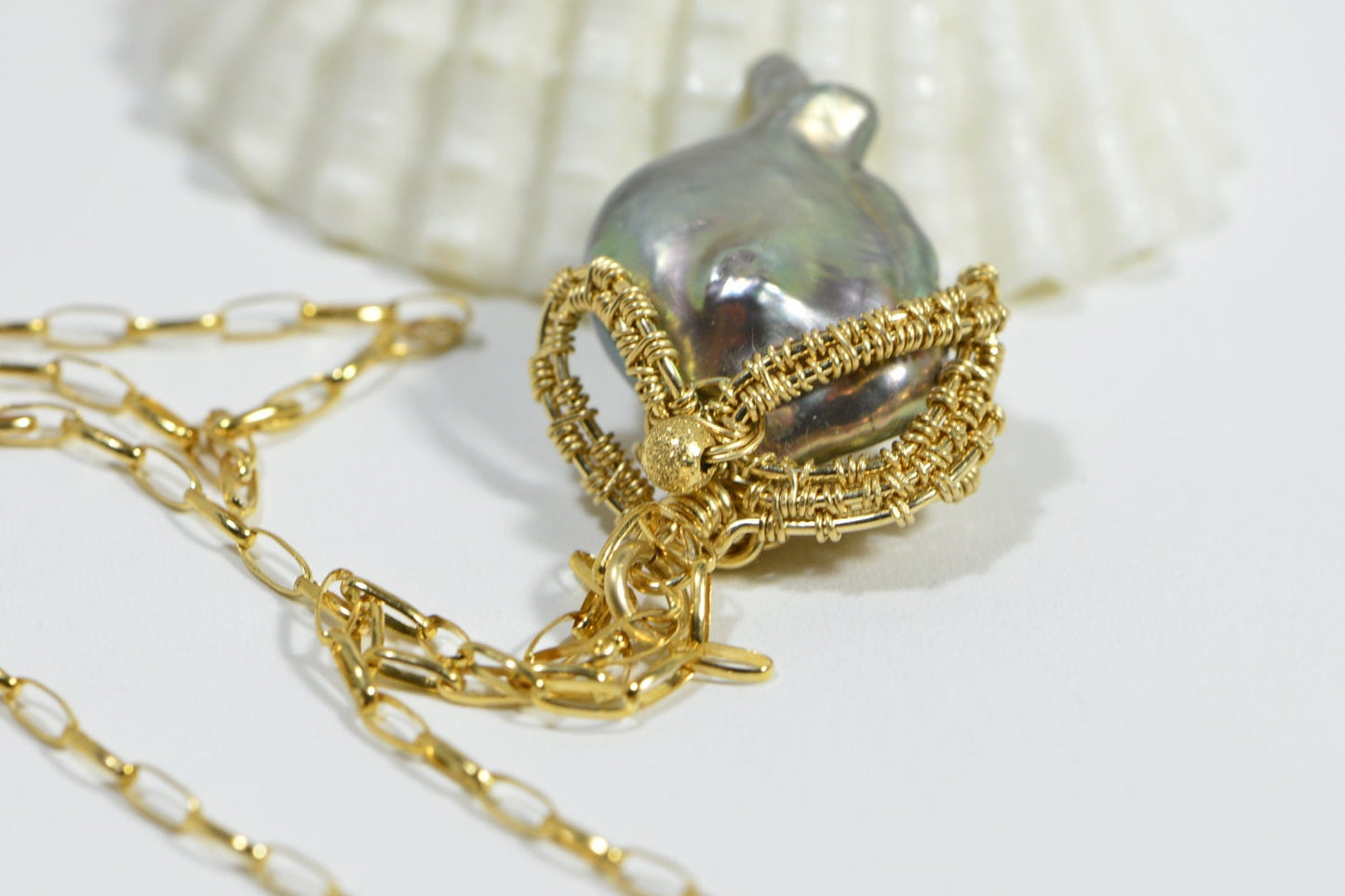 Baroque Pearl Necklace, 14K Gold Wire Wrapped Pendant, Handmade