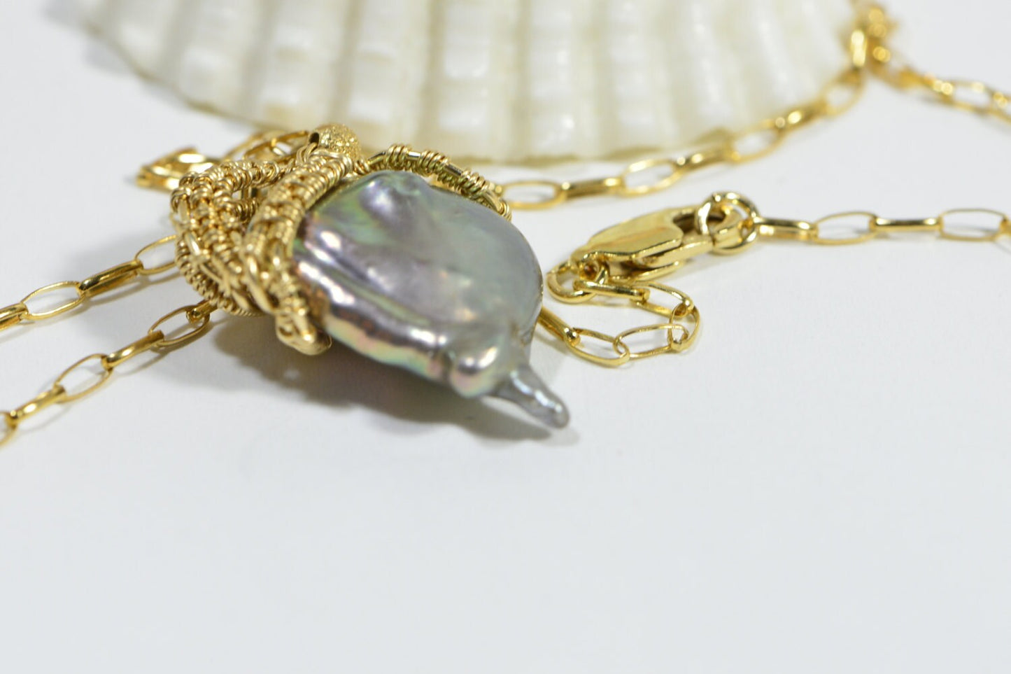 Baroque Pearl Necklace, 14K Gold Wire Wrapped Pendant, Handmade