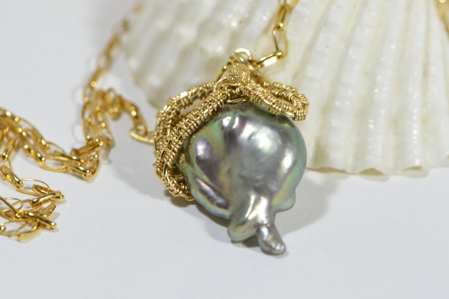 Baroque Pearl Necklace, 14K Gold Wire Wrapped Pendant, Handmade