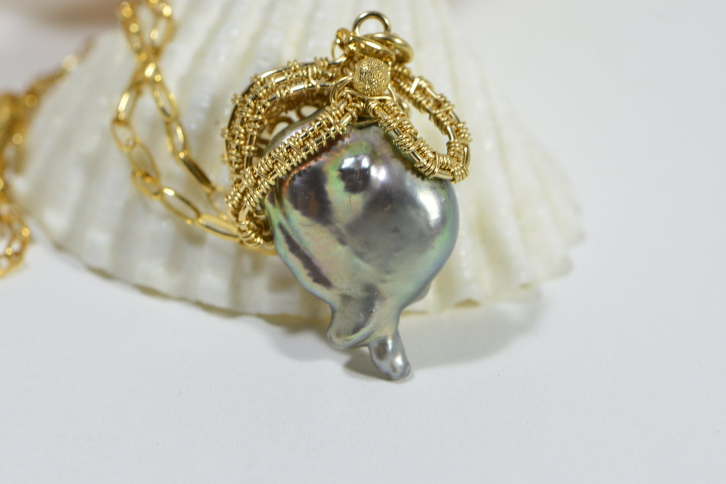 Baroque Pearl Necklace, 14K Gold Wire Wrapped Pendant, Handmade