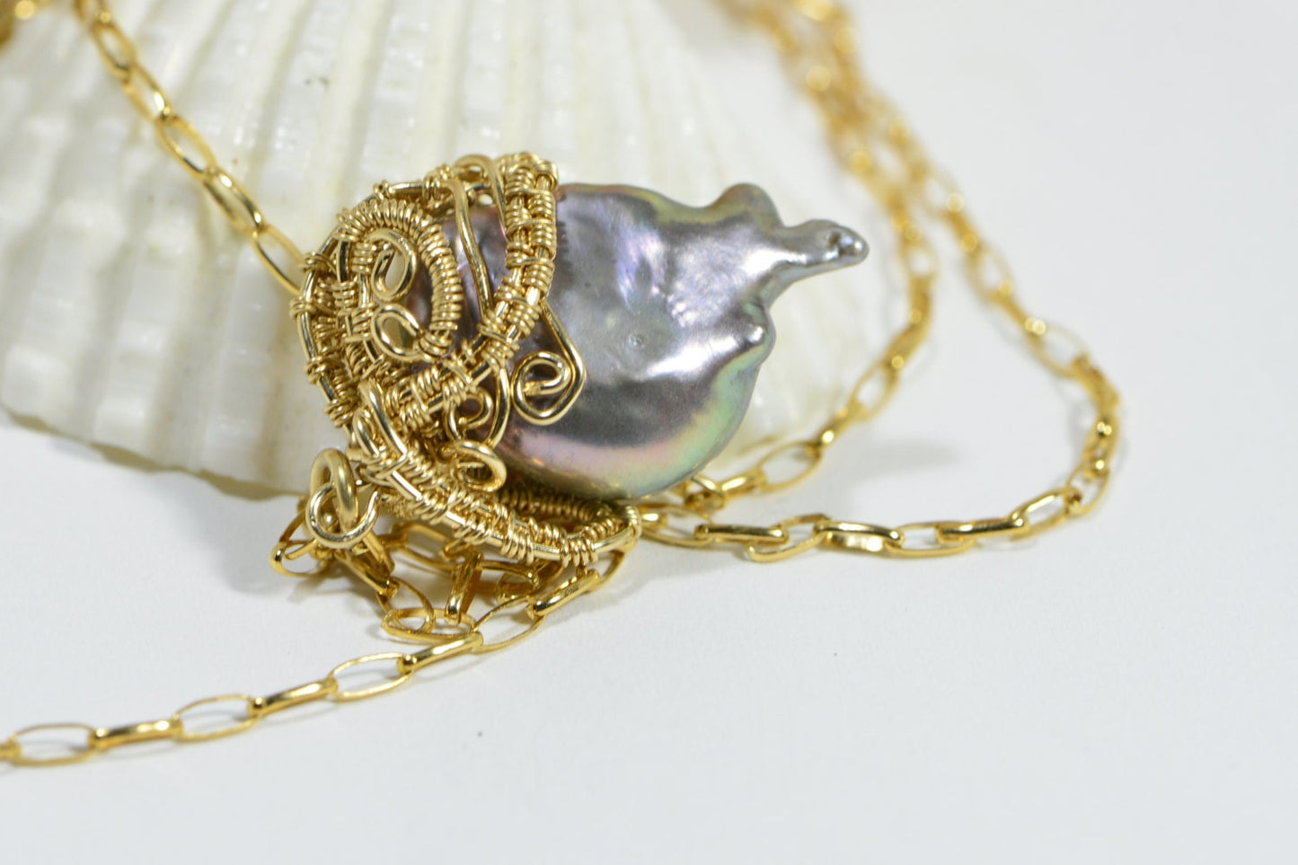 Baroque Pearl Necklace, 14K Gold Wire Wrapped Pendant, Handmade