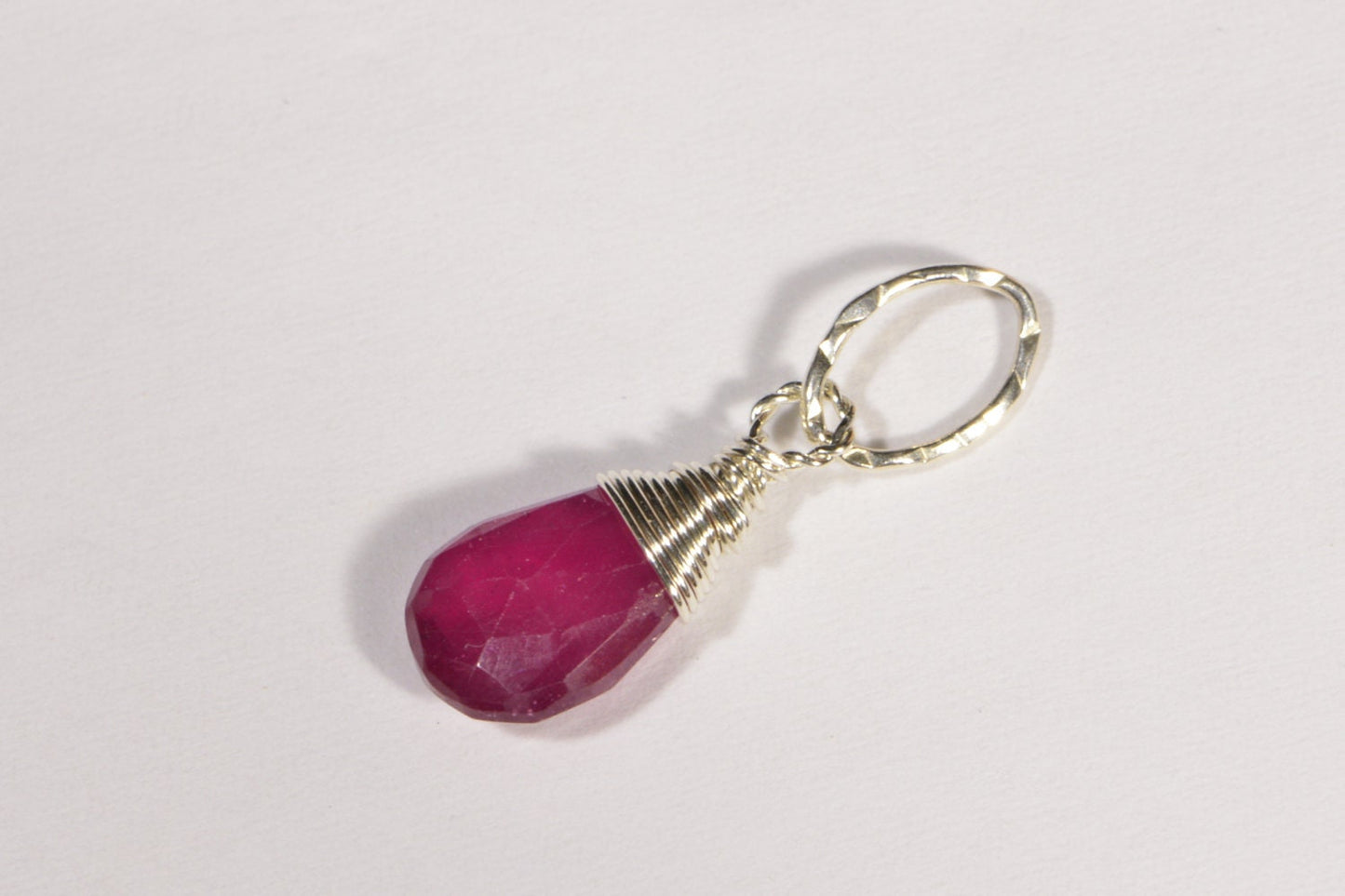 Natural Ruby Briolette Pendant: Sterling Silver Wire Wrapped Gemstone