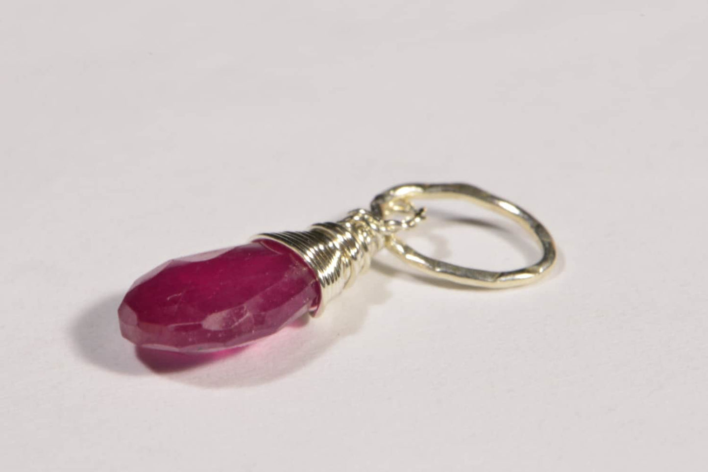 Natural Ruby Briolette Pendant: Sterling Silver Wire Wrapped Gemstone