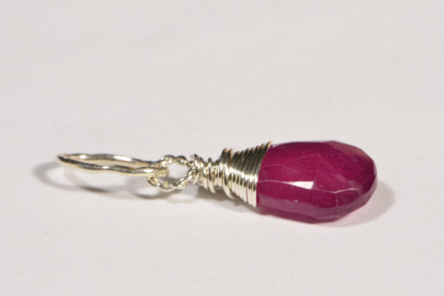 Natural Ruby Briolette Pendant: Sterling Silver Wire Wrapped Gemstone