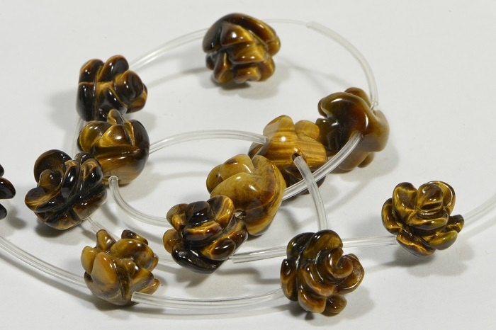 Tiger Eye Carved Rose Beads: Natural Gemstone Craft Supplies (2, 12mm)
