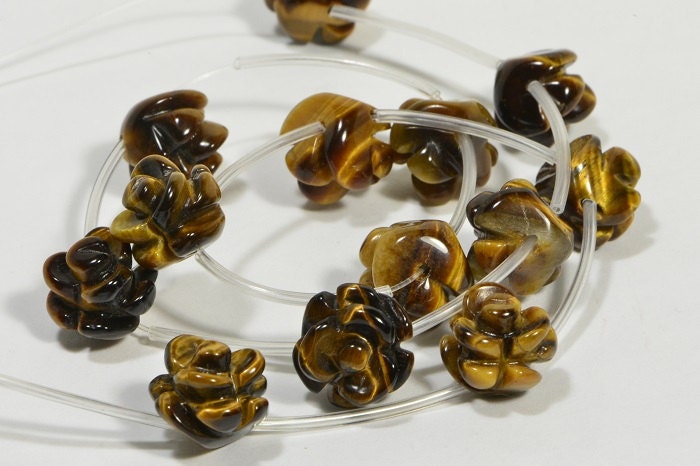 Tiger Eye Carved Rose Beads: Natural Gemstone Craft Supplies (2, 12mm)