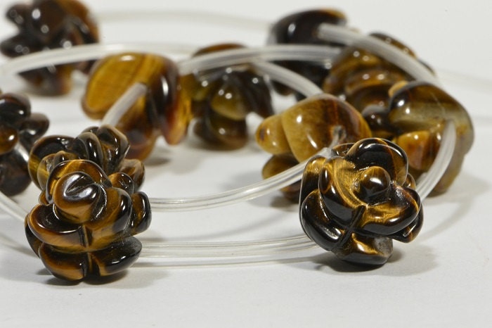 Tiger Eye Carved Rose Beads: Natural Gemstone Craft Supplies (2, 12mm)