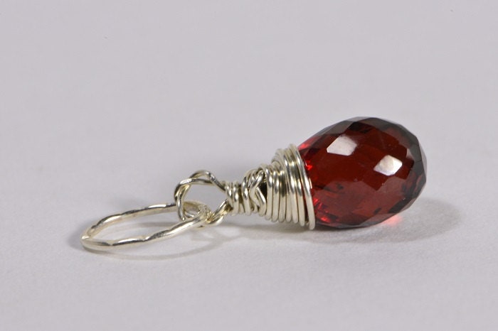 Sterling Silver Wire Wrapped Garnet Pendant, Teardrop Briolette Charm