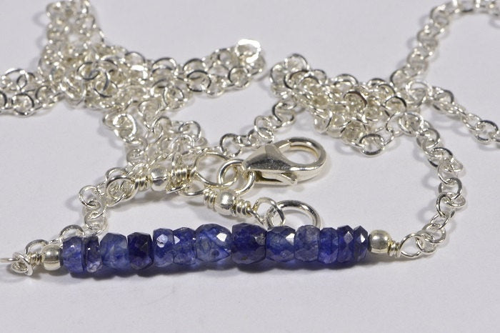 Blue Sapphire Bar Necklace, Raw Sterling Silver, September Birthstone
