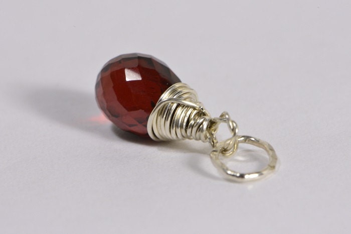 Sterling Silver Wire Wrapped Garnet Pendant, Teardrop Briolette Charm