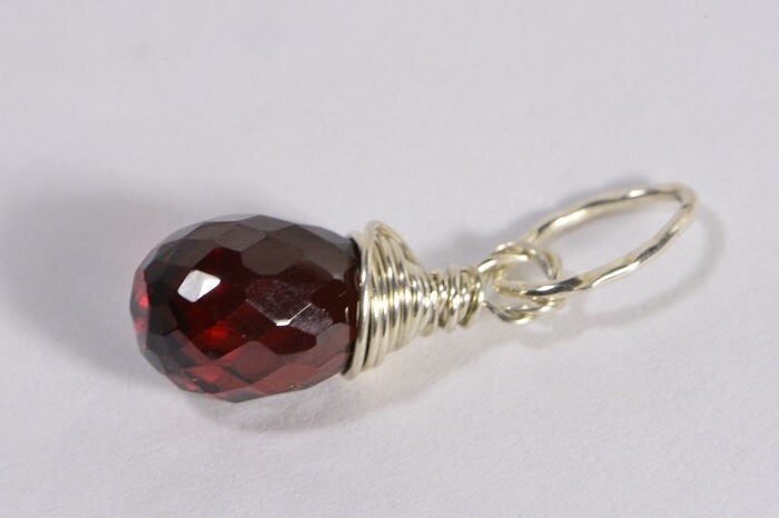 Sterling Silver Wire Wrapped Garnet Pendant, Teardrop Briolette Charm