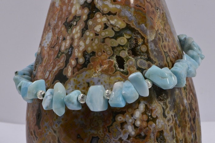 Nugget Larimar Bracelet, Chunky Gemstone, Sterling Silver Clasp