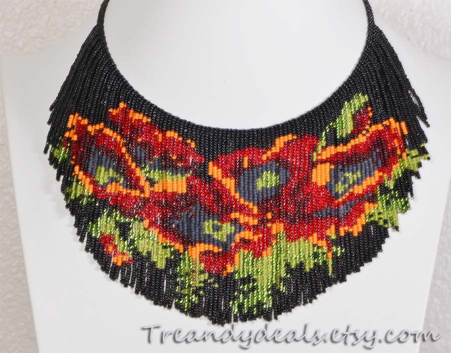 Red Poppy Flower Beaded Necklace – Seed Bead Fringe Choker