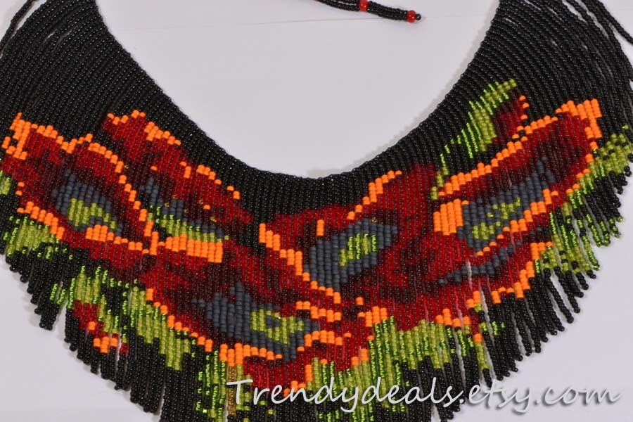 Red Poppy Flower Beaded Necklace – Seed Bead Fringe Choker
