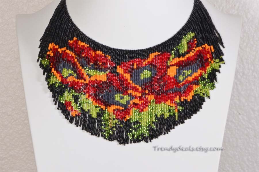 Red Poppy Flower Beaded Necklace – Seed Bead Fringe Choker