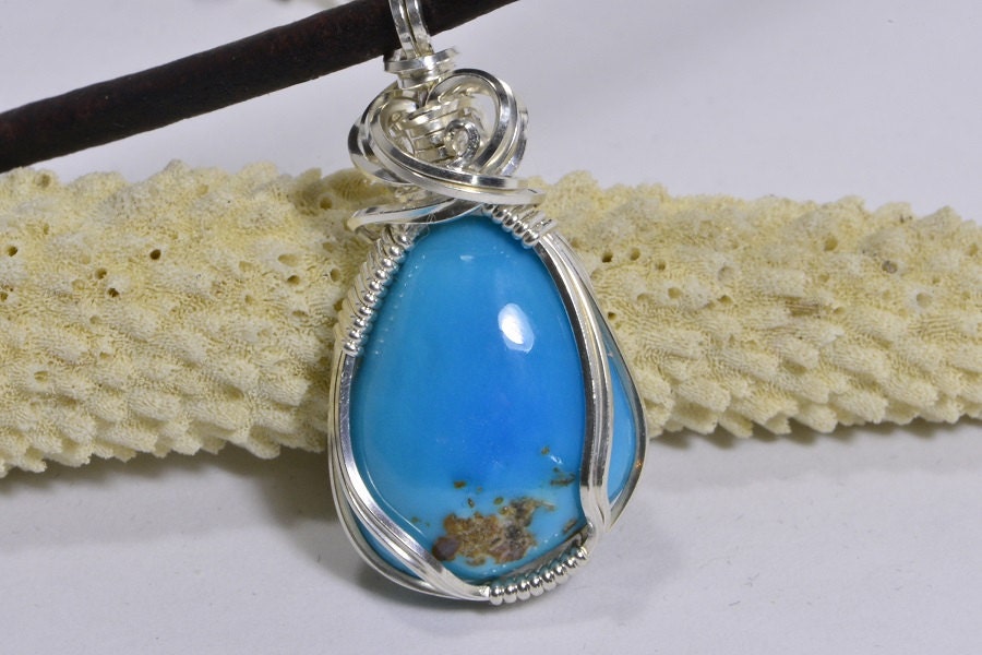 Arizona Sleeping Beauty Turquoise Pendant Wire Wrapped Sterling Silver