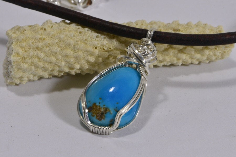 Arizona Sleeping Beauty Turquoise Pendant Wire Wrapped Sterling Silver