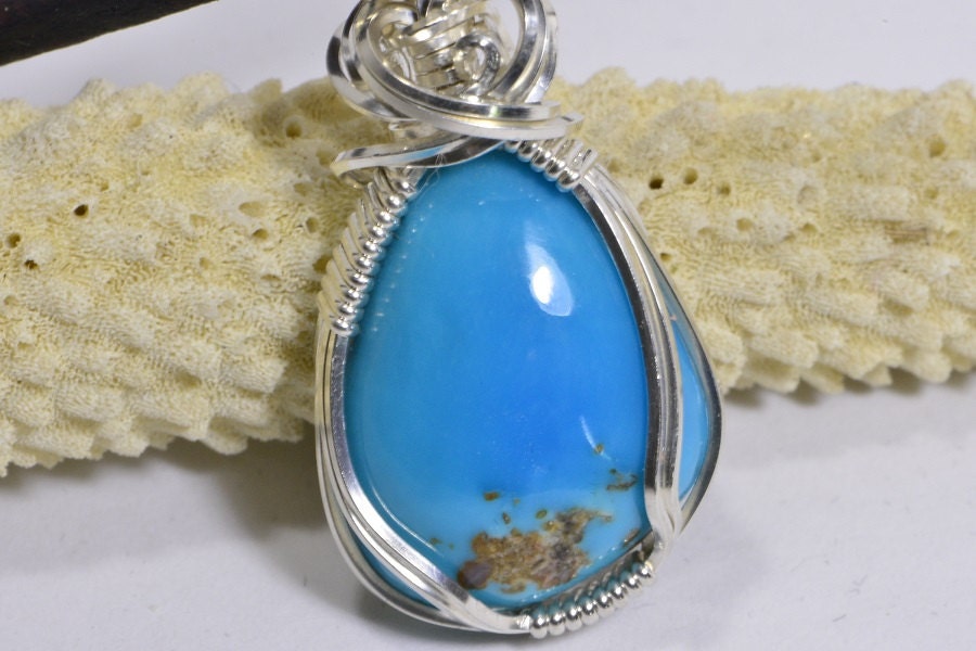 Arizona Sleeping Beauty Turquoise Pendant Wire Wrapped Sterling Silver