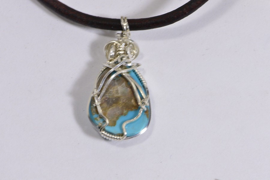 Arizona Sleeping Beauty Turquoise Pendant Wire Wrapped Sterling Silver
