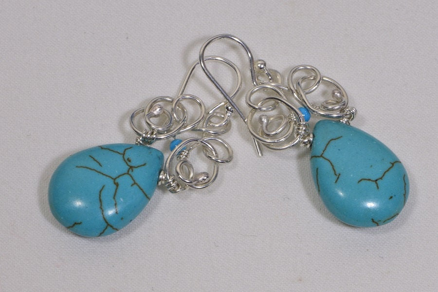 Turquoise Teardrop Earrings, Sterling Silver Wire Wrapped, Handmade