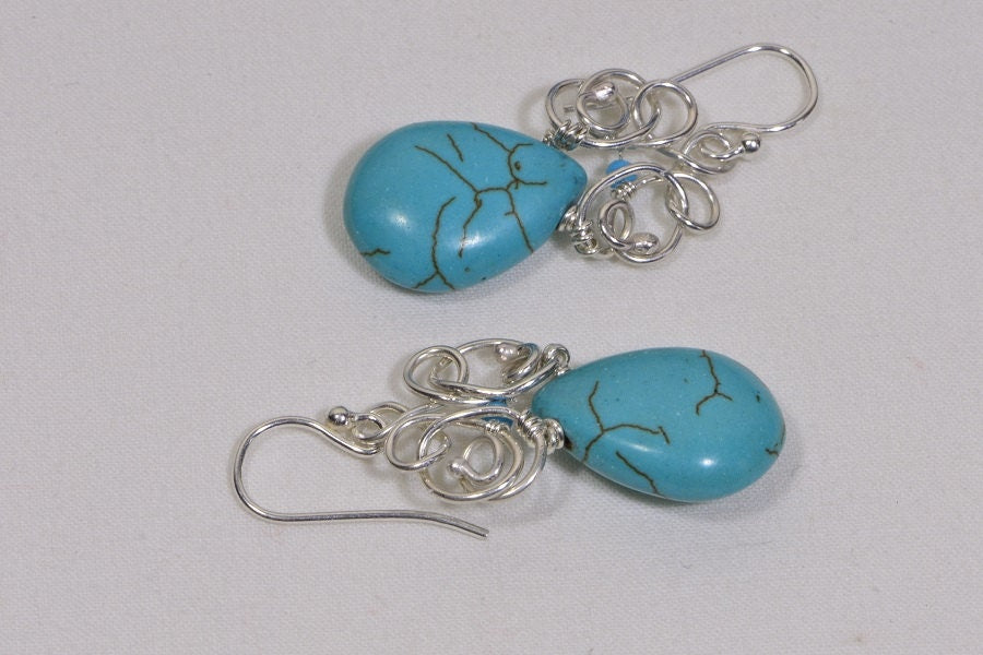 Turquoise Teardrop Earrings, Sterling Silver Wire Wrapped, Handmade