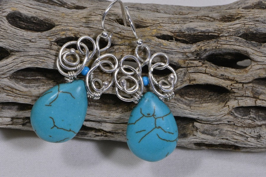 Turquoise Teardrop Earrings, Sterling Silver Wire Wrapped, Handmade