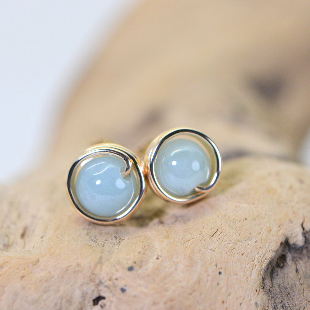 Jade Ice Green Wire Wrapped 14K Gold Petite Stud Earrings