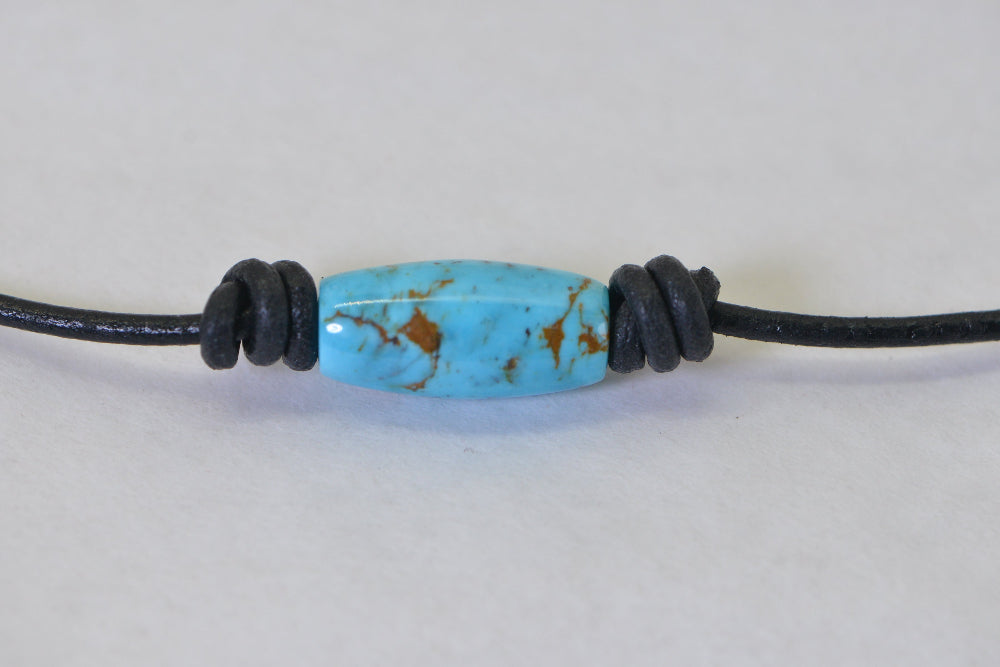 Sleeping Beauty Turquoise Necklace: Raw Stone Hand Cutting Barrel, Leather Cord Choise