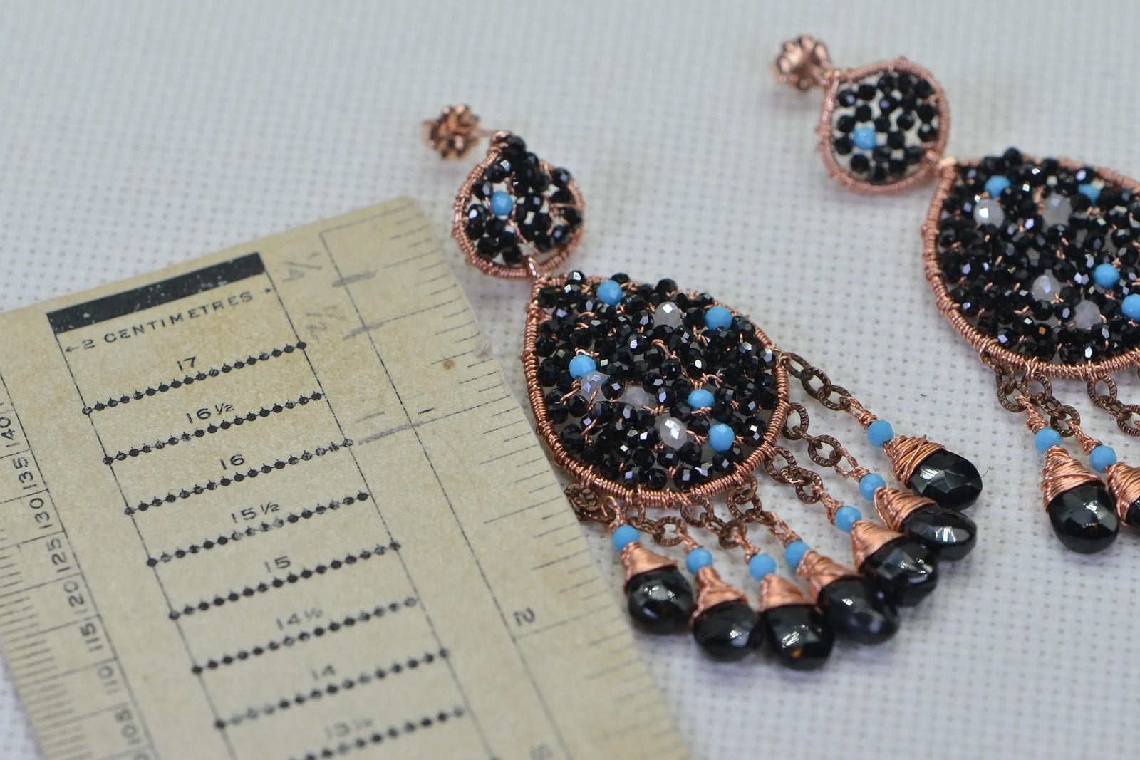 Black Tourmaline Teardrop Earrings: Copper Wire Wrapped, Turquoise & Crystal